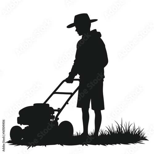 Silhouette of person mowing lawn wearing hat and shorts grass