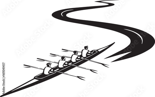Team of rowers racing on a curved road concept for business and success