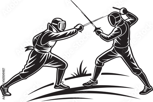 Two fencers engaging in a dynamic duel with swords in black and white