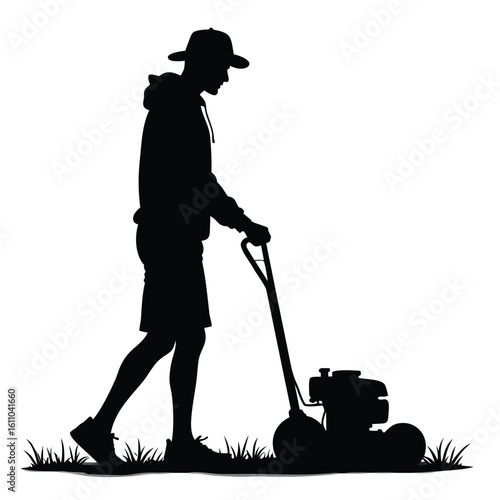 Silhouette of person wearing cap and shorts pushing lawnmower male