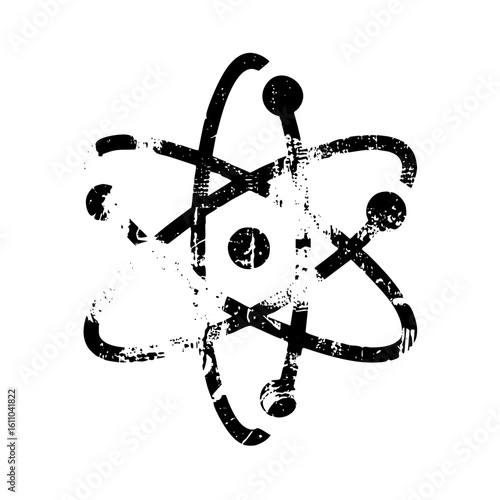 Vector Black atom with orbiting electrons depicts nuclear structure.