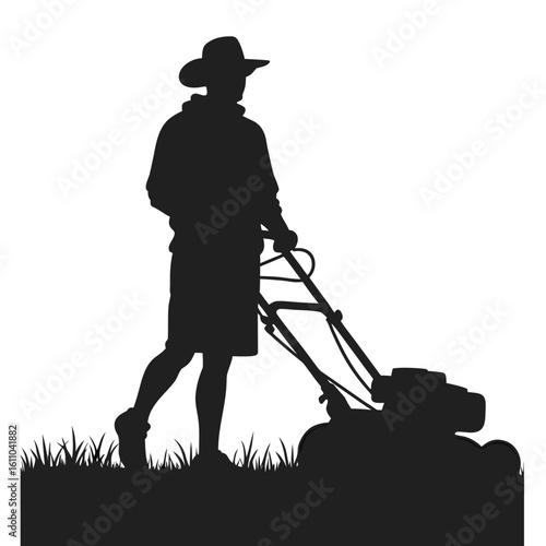 Silhouette of person wearing hat mowing lawn vector