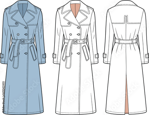 Cad drawing flat vector illustration of women's long trench coat, fashion technical sketch, front and back view, stylish outerwear design.
