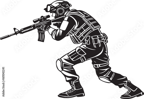 Silhouette of a soldier aiming a rifle prepared for combat on a white background