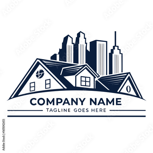 Layered Houses and City Skyline Real Estate Logo Vector - Monochromatic Urban Property, Housing Development, and Corporate Branding
