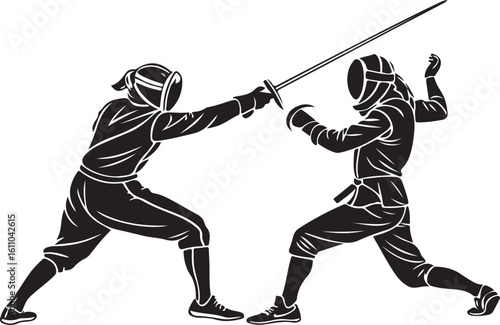 Dynamic black and white illustration depicting two fencers engaged in a competitive sport duel