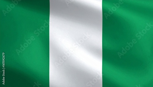 Nigerian flag—three vertical stripes in green, white, and green, symbolizing agriculture, peace, and national dignity.