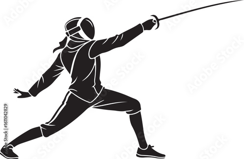 Silhouette of a fencer in action posing with a sword and protective mask