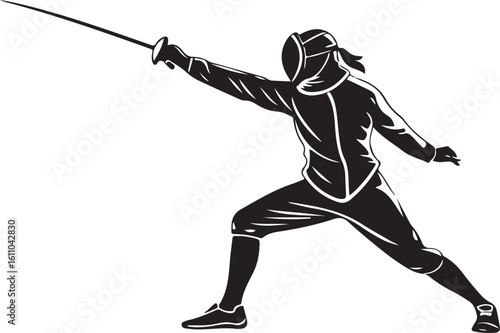 Silhouette of a fencer in action with foil extended ready to thrust attack