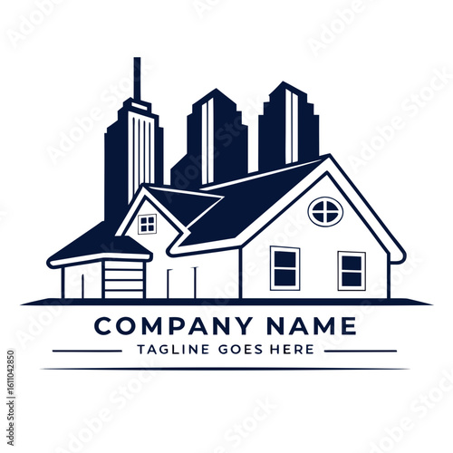 Monochromatic Suburban House and City Skyline Real Estate Logo Vector - Property Development, Residential Building, and Navy Branding Design