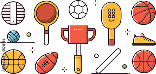 Collection of colorful sports equipment and trophy icons on white background basketball soccer ball