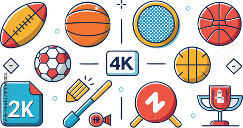 Sports balls and resolution icons with trophy and video camera american football soccer ball