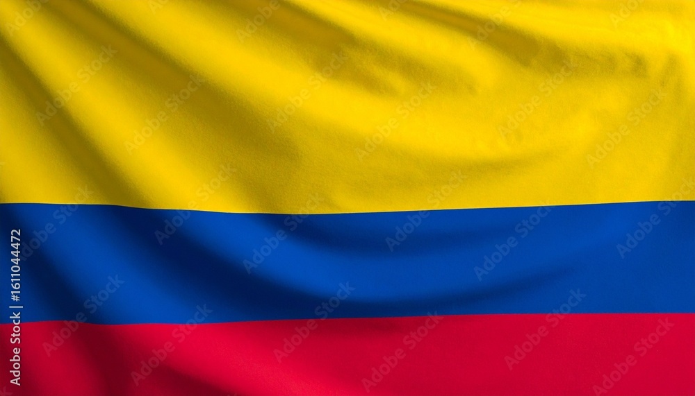 Naklejka premium Colombia flag tribute in bold horizontal layout, wide yellow stripe over blue and red bands, minimalist centered composition, symbolic focus on national pride and cultural identity.