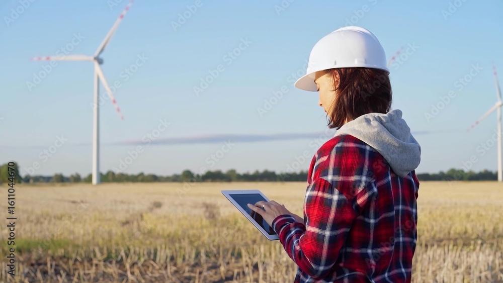 Fototapeta premium Female engineer wearing a white protective helmet is taking notes with a tablet computer on a field with wind turbines, as the sun sets. Clean energy and engineering
