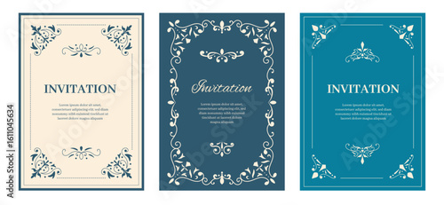 Set of decorative vintage frame invitation. Antique ornament elements border.