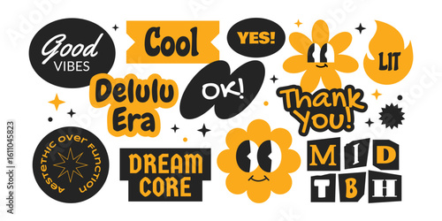 Trendy stickers collection with gen z and millenials internet slang words.  Groovy fun design patch character.