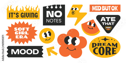 Trendy stickers collection with gen z and millenials internet slang words.  Groovy fun design patch character.