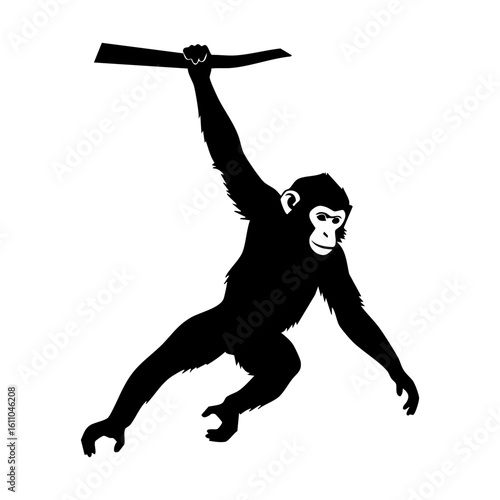 Black Monkey Silhouette Vector One Arm Hanging - Dynamic Primate Animal Icon