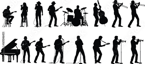 Silhouettes of musicians playing guitar, piano, trumpet, drums, saxophone, double bass, singers in concert band performance, vector illustration set for music art themes.