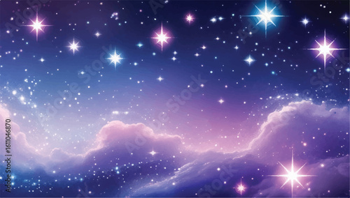 Enchanting night sky with sparkling stars and vibrant purple clouds. A magical fantasy background illustration of the cosmos, ideal for dreamy projects.
