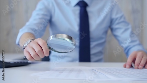 Foto Businessman is carefully examining financial documents with a magnifying glass, highlighting the importance of thorough analysis in business