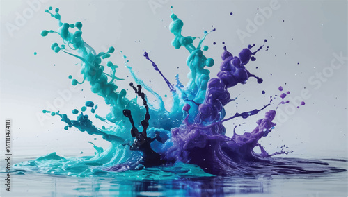 Dynamic splash of vibrant turquoise and purple paint colliding in water. An abstract, energetic explosion of colorful liquids against a clean background.
