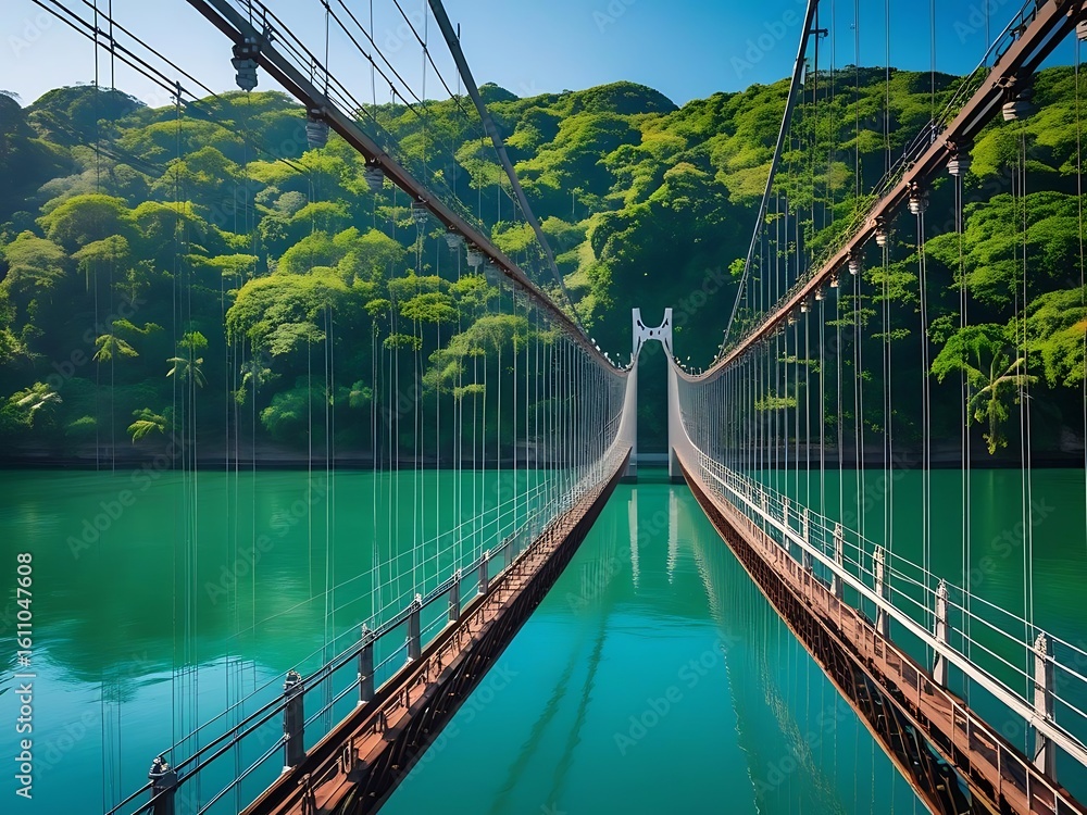 Fototapeta premium Suspension bridge crossing a vibrant green river surrounded by lush forest