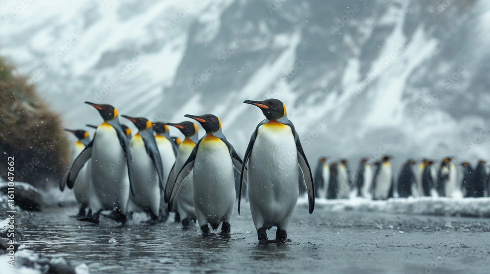 Fototapeta premium A group of king penguins wades through shallow water with snowy mountains in the background