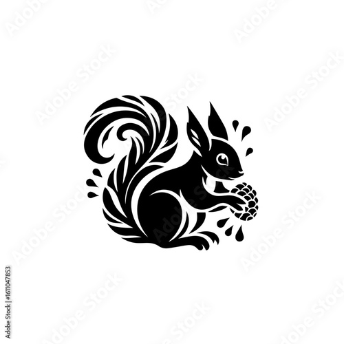 Squirrel holding a nut with a bushy tail