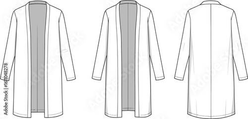 Women's Longline Open Cardigan Flat Fashion Sketch Vector, Front, Side, and Back Views, Classic Duster Style Outerwear, Apparel Design Template for Technical Drawing, Production Ready
