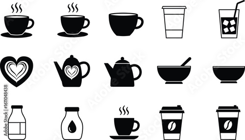 Black and white drink icons set, coffee cups, tea pots, iced drinks, milk bottles, beverage symbols, hot and cold drinks, cafe vector illustration
