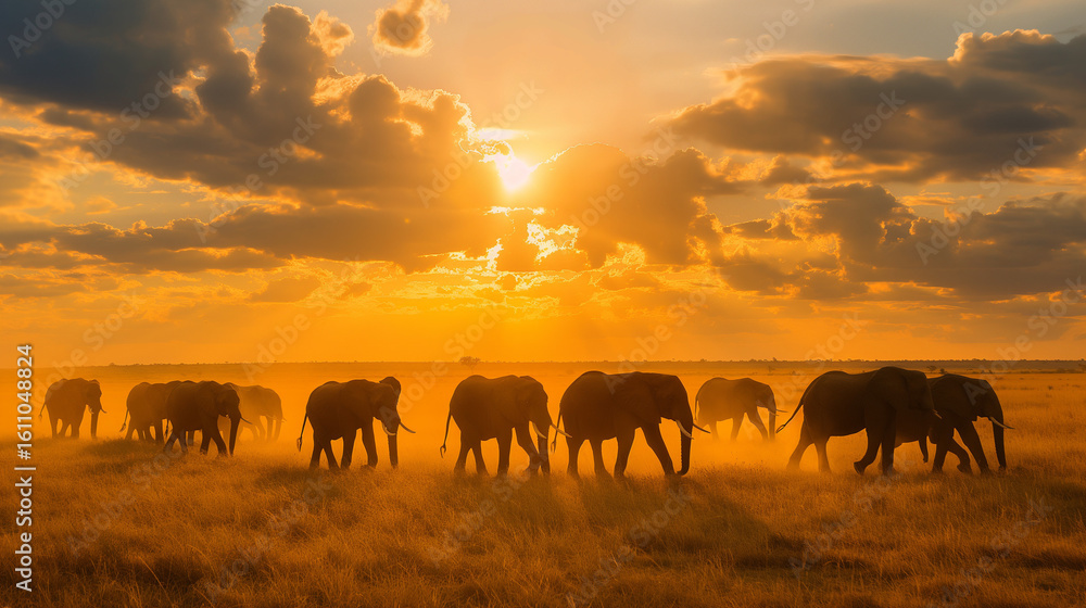 Fototapeta premium Herd of elephants walking across the savanna at sunset with dramatic clouds