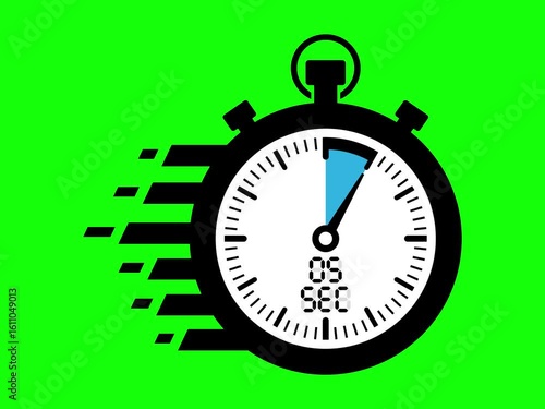 An animated stopwatch icon on a green screen performs a 10-second countdown, with a blue wedge indicating the time elapsing
