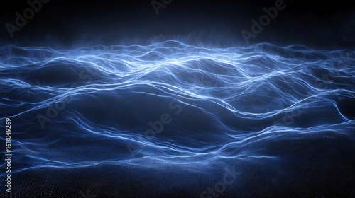 Abstract blue waves undulate in the darkness, creating a mesmerizing, ethereal effect.