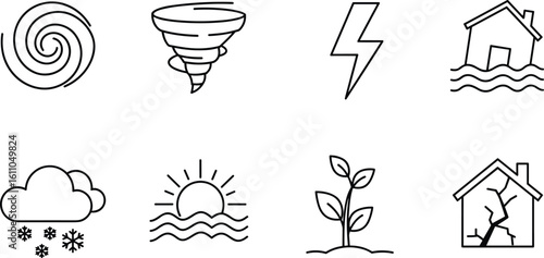 Natural disaster and climate change icon set – tornado, flood, lightning, earthquake, snow, sun, and environmental weather line symbols