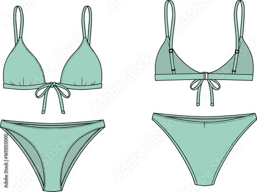Women's Mint Green Bikini Flat Fashion Sketch Vector, Front and Back Views, Triangle Top with Tie Front and Matching Briefs, Apparel Design Template for Swimwear, Technical Drawing for Production,