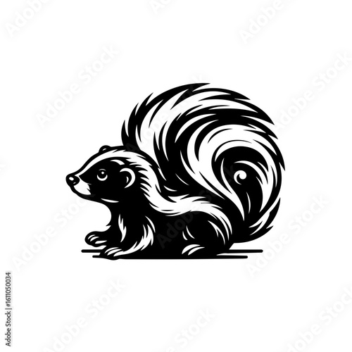 Cute skunk with bushy tail isolated on white background