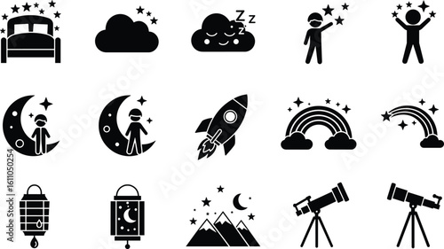 Sleep, dream, night, stars, moon, cloud, telescope, rocket, rainbow, lantern, mountains, bedtime, astronomy, stargazing, night sky, fantasy, relaxation, imagination, cosmic, peaceful.