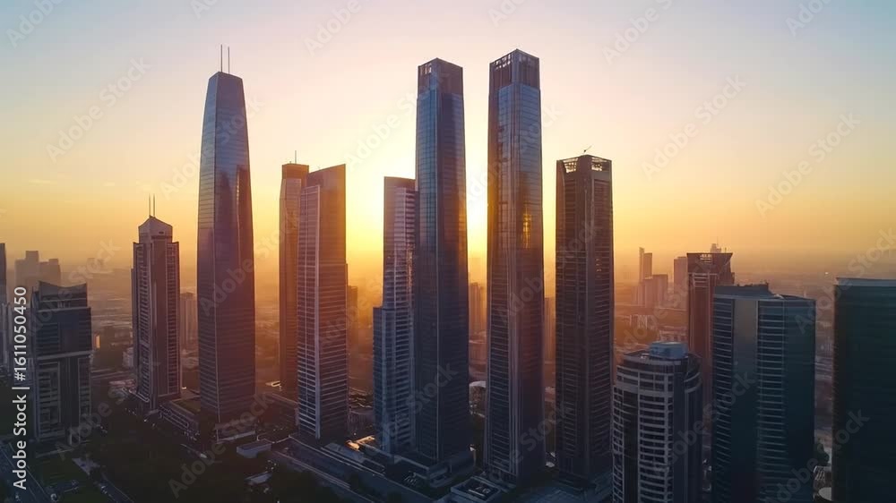 Breathtaking aerial view of a modern city skyline at sunset with golden light Breathtaking aerial view of a modern city skyline at sunset with golden light