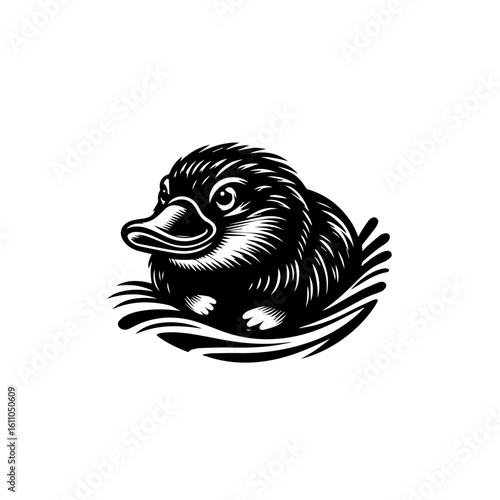 Cute baby platypus in a nest, stylized illustration
