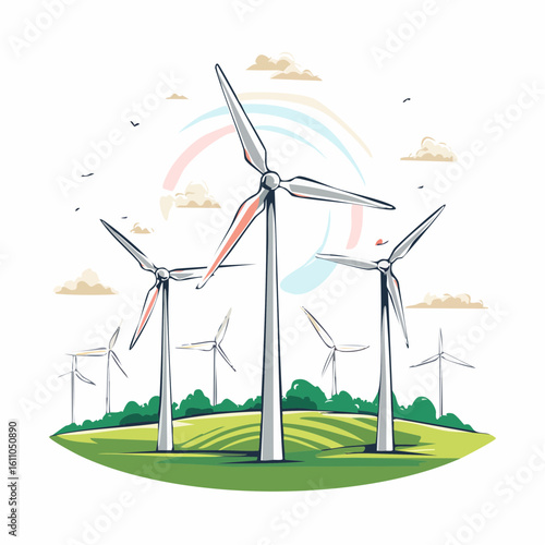 Gentle giants at energy farm, Wind Turbines turn on a bright day