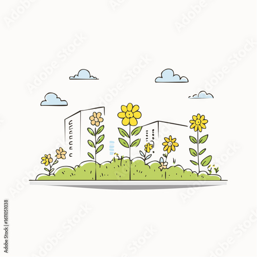 Urban rewilding project, wildflowers blooming in a vacant lot in Daytime