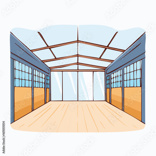 Interior perspective of an empty spacious warehouse with bright skylights