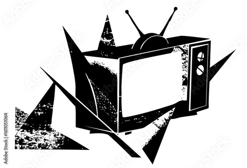 Vector Vintage television set with fractured screen effect.