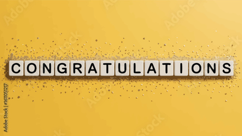 “Congratulations” spelled with individual letter tiles on bright yellow background with black confetti dots — festive and modern celebration design