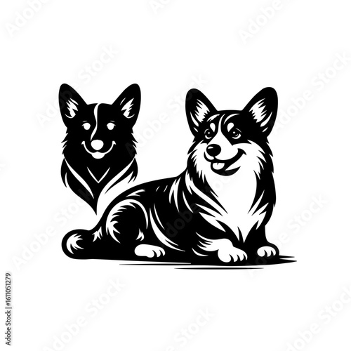 Two stylized corgi dogs sitting and standing isolated