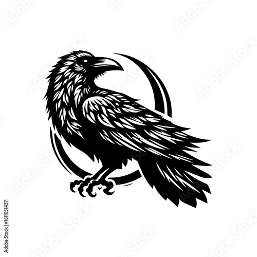 Raven bird with crescent moon isolated
