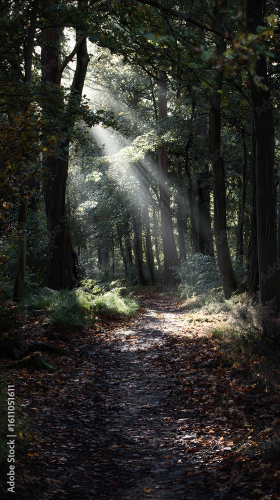 Fototapeta premium Vibrant photo of autumnal Forest Path: Sunlight Through Trees.
