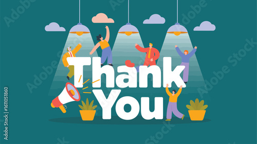 Cartoon characters celebrating with “Thank You” message, colorful decor, and festive lights — perfect for teamwork and appreciation themes