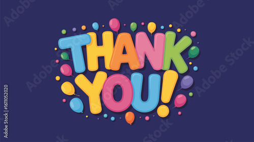 Bold “THANK YOU!” lettering in playful colors with cheerful decorative shapes on dark blue background — ideal for celebration and appreciation visuals